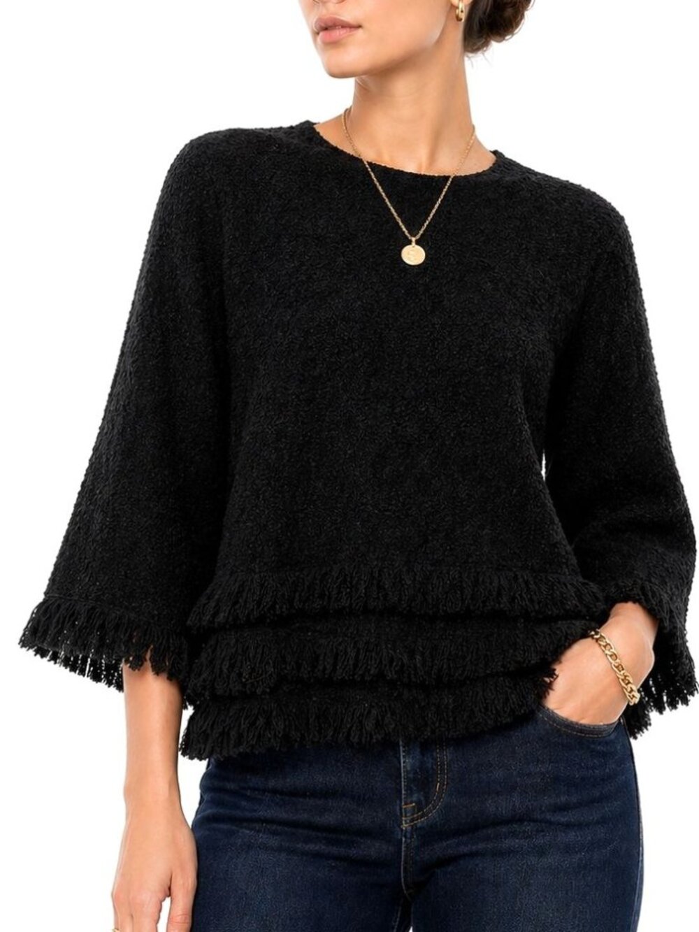 Ann Mashburn Fringe Sweate Boucle Wool Boxy Pullover